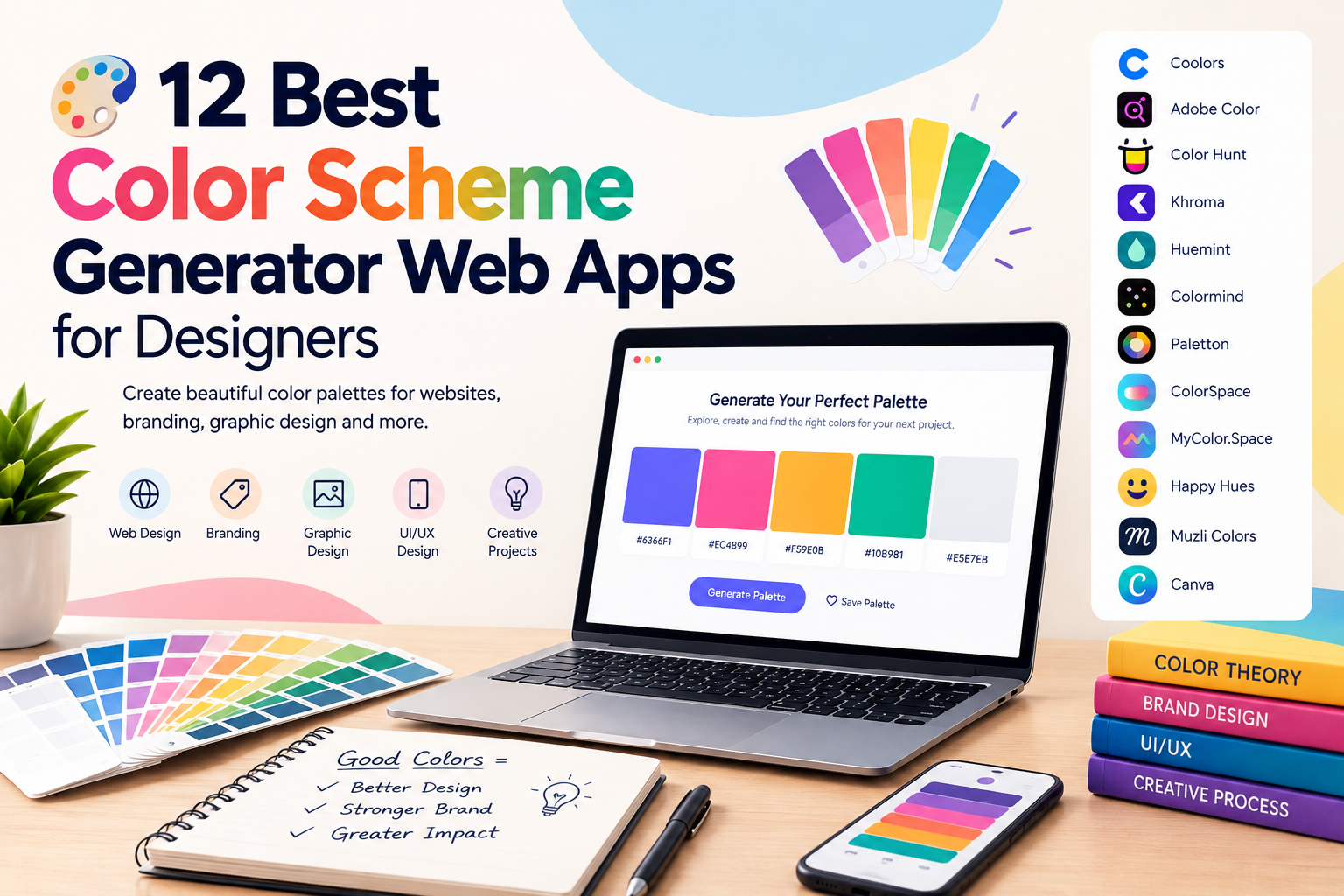 12 Best Color Scheme Generator Web Apps for Designers featuring colorful palettes, design tools, and popular color generator apps.