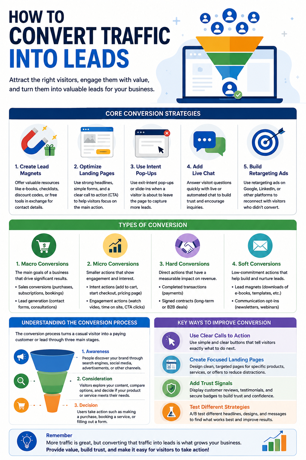 Learn how to convert website traffic into leads with proven strategies for landing pages, CTAs, lead magnets, forms, SEO, content, retargeting